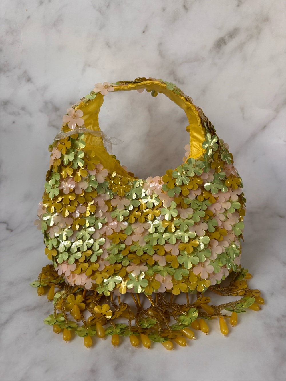 Viral Yellow & Green Floral Beaded Purse Handbag Hand Crafted in India NWT - Picture 2 of 6